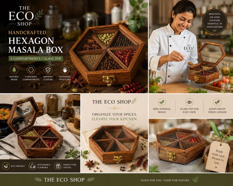 Spice box on a kitchen counter with ingredients nearby