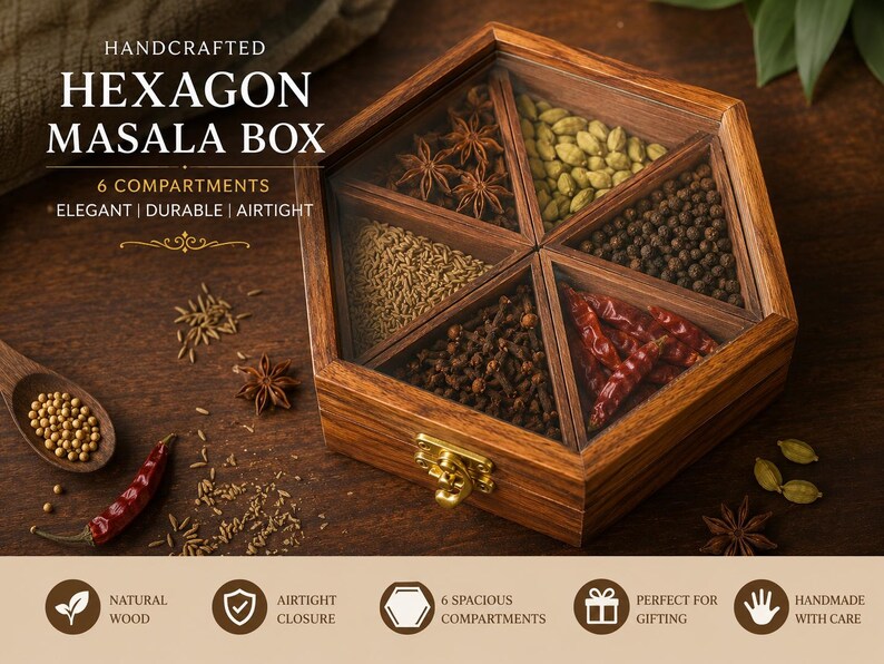 Hexagonal Neem Wood Spice Box