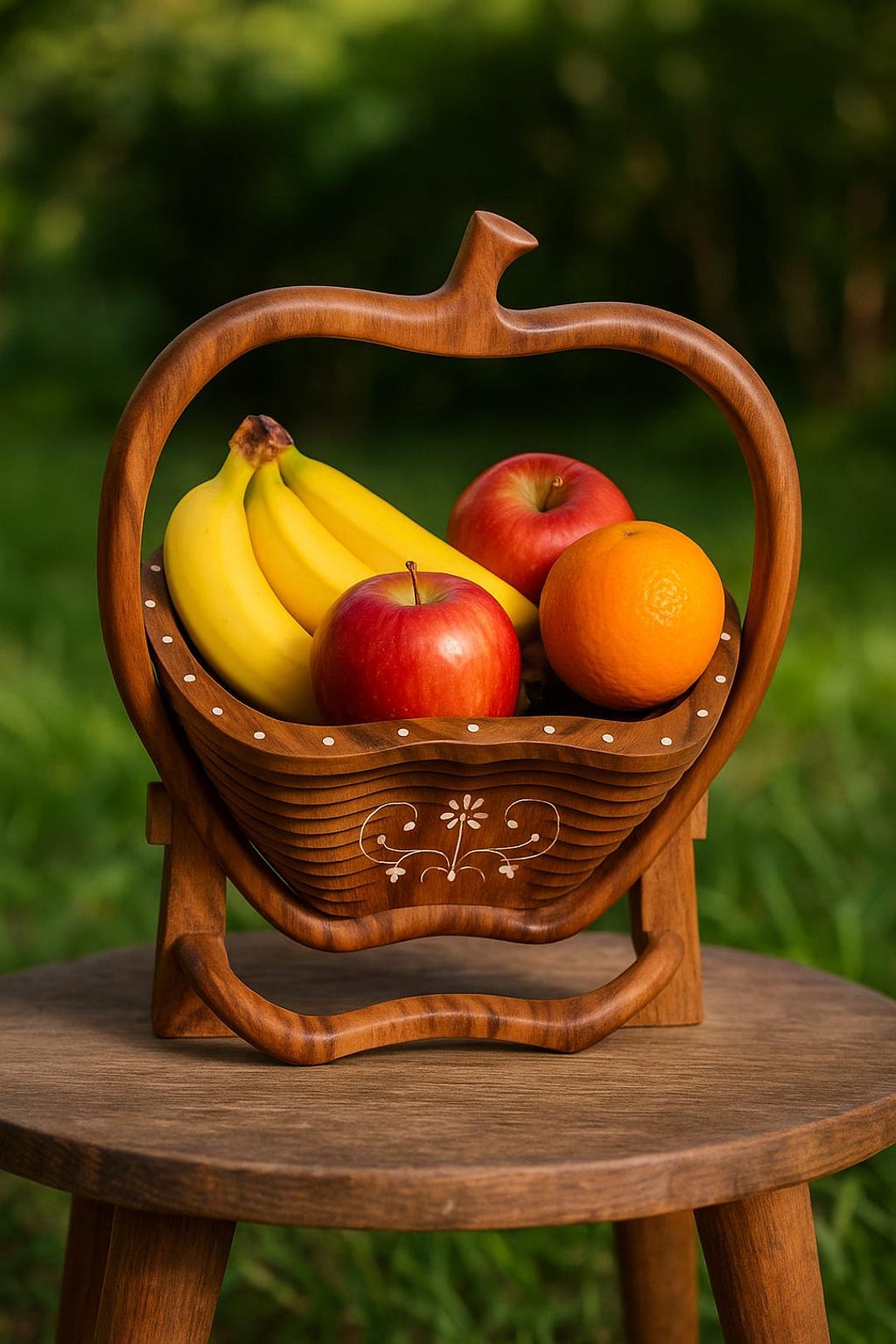 Curated visual reference: Eco Friendly Apartment Sheesham Wood Decor Reference: Handmade Sheesham Wood Apple Basket Foldable Fruit Bowl With Indian