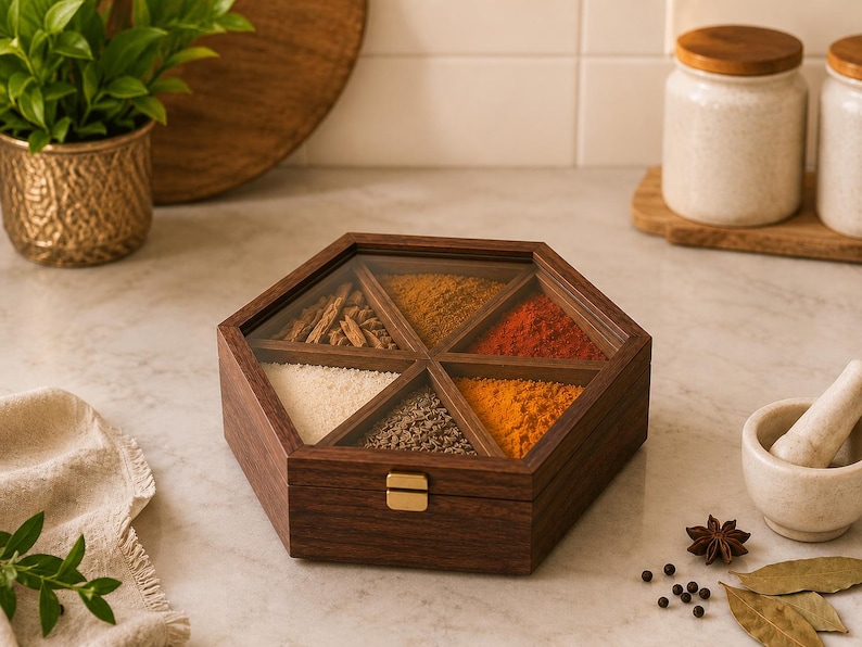 Spice box in plastic-free gift-ready kraft packaging