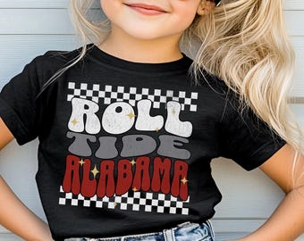 Koszulka Retro Roll Tide Alabama | Koszulka z motywem szachownicy z okazji Dnia Meczu | Koszulka dla kibica futbolu amerykańskiego dla dzieci i dorosłych | Koszulka Alabama z motywem rodzinnego Dnia Meczu