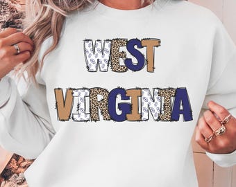 West Virginia Cozy Crewneck Sweatshirt, West Virginia Sweatshirt | Leopard & Patch Letter WV Crewneck  | Game Day Mountaineer Shirt