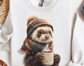 Winter Ferret Sweatshirt • Cozy Animal Lover Crewneck • Cute Ferret Coffee Sweater • Woodland Winter Shirt • Rustic Cozy Season Gift