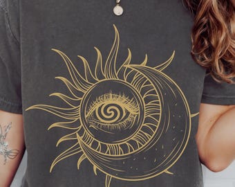 Sun and Moon with All Seeing Eye Shirt, Evil Eye Comfort Colors® Mystical Tee, Celestial T-Shirt with Witchy Vibes, Guided by the Moon Shirt