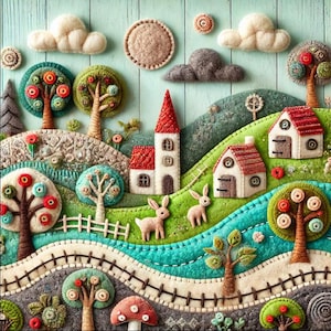 Könnte beinhalten: Ein Filzhandwerk, das eine fantasievolle Dorfszene mit Häusern, Bäumen, Wolken und einem gewundenen Weg darstellt. Die Häuser sind weiß mit roten Dächern und haben kleine Fenster und Türen. Die Bäume sind grün mit roten Äpfeln und die Wolken sind weiß. Der Weg ist grau und schlängelt sich durch das Dorf.
