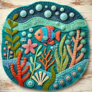 May include: A felt wall hanging depicting an underwater scene with a colorful fish, coral, seaweed, and bubbles. The background is a deep blue with a light blue wave at the top.