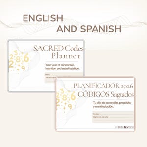 May include: Two planners, one in English and one in Spanish, are displayed. The English planner is titled "SACRED Codes Planner" with the text "Your year of connection, intention and manifestation." The Spanish planner is titled "PLANIFICADOR 2026 CÓDIGOS Sagrados."