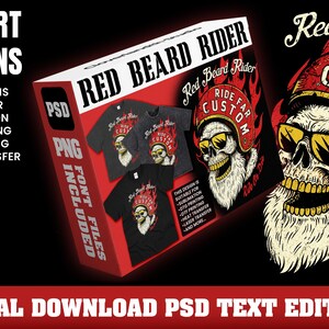 May include: A digital t-shirt design featuring a skull in a helmet and sunglasses, with the text "Red Beard Rider". Suitable for sublimation, DTG, DTF printing, and heat transfer. The image includes font files. The design is available for digital download.