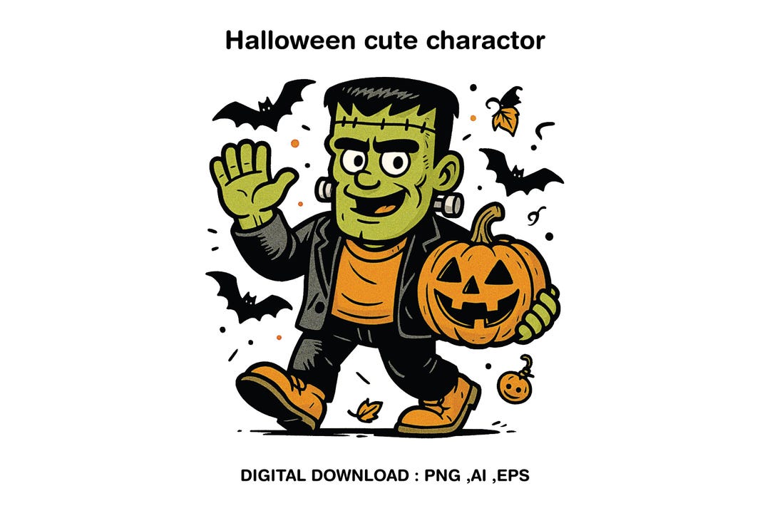 Cute Frankenstein Halloween Clipart | Monster With Pumpkin Bucket ...
