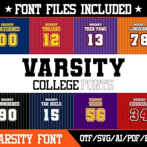 May include: A digital design featuring various college varsity fonts. The image showcases jersey designs with team names and numbers, including "Wolverines," "Trojans," and "Longhorns." The text "VARSITY COLLEGE FONTS" is prominently displayed, with file formats listed below.