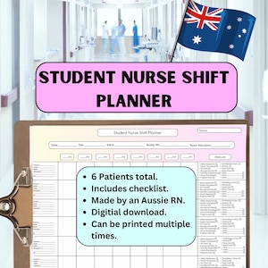 Peut inclure: Un planificateur de service infirmier étudiant imprimable avec un schéma de couleurs rose et bleu. Le planificateur comprend une liste de contrôle, de l'espace pour 6 patients et une allocation de chambre. Le texte "Planificateur de service infirmier étudiant" est en haut de la page.