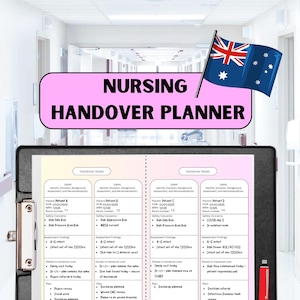 Peut inclure: Un planificateur de passation de soins infirmiers imprimable rose et blanc avec le texte "Nursing Handover Planner" en noir. Le planificateur est divisé en quatre sections avec des titres pour "Patient 1", "Patient 2", "Patient 3" et "Patient 4". Chaque section comprend des informations sur le nom du patient, le numéro de chambre, les préoccupations de sécurité et le risque de zone à haute pression.