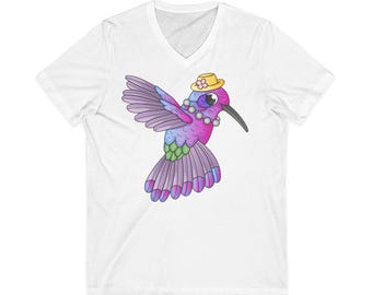 Purple Hummingbird Sun Hat V-Neck Tee | Whimsical Floral Bird Shirt