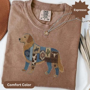 Golden Retriever T-Shirt, Faux Western Patchwork Dog Tee, Rustic Boho Country Pet Lover Gift, Denim Effect Dog Mom Shirt