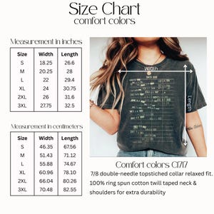 Comfort colors tee size chart, size guide graphic tee, unisex shirt size reference, vintage style t-shirt sizing chart
