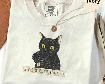 Mahjong-Katzen-T-Shirt, Vintage-T-Shirt mit schwarzer Katze, einzigartiges Geschenk für Brettspielfans, asiatische Anime-Streetwear