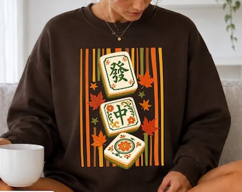 Lucky Mahjong Tiles Fall Sweatshirt, Cozy Autumn Leaves Game Pullover, Aesthetic Asian Inspired Graphic Top for Mahjong Lovers