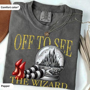 Peut inclure: Un t-shirt gris anthracite avec le texte OFF TO SEE THE WIZARD en paillettes dorées. Le motif comprend une boule de cristal avec une illustration de château, accompagnée d'une paire d'escarpins rouges et de jambes rayées noir et blanc.