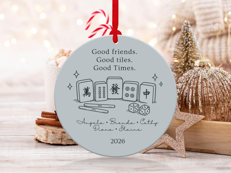 Mahjong ornament with names Angela, Brenda, Cathy, Diana, Elaine and year 2026.