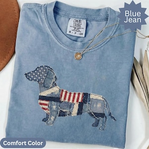 Dachshund T-Shirts: Faux Denim Patchwork, American Flag, 250 Years USA Celebration