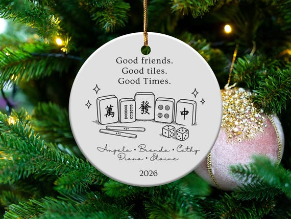 Mahjong Ornament Personalized namesChristmas Gift for Game Night Group, Custom Mahjong Tile Holiday Decor, Good Friends Good Times Keepsake