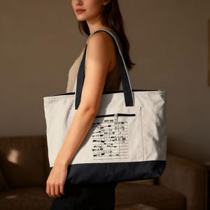 以下が含まれることがあります： 白のトートバッグ。ネイビーブルーのアクセントとストラップが付いています。バッグはジッパー開閉式で、図書館のカードのようなプリントデザインのフロントポケットが付いています。バッグは肩にかけています。