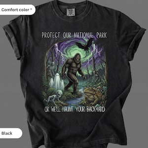 Camisetas Comfort Color para proteger nuestros parques nacionales: diseño de críptido, Bigfoot, Mothman, fantasma, alienígena y Wendigo.