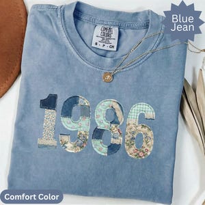 Custom 1986, 1976 and more Faux Patchwork Fabric T-Shirt: Vintage Style Birthday Year Denim Floral Lace