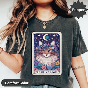 T-shirt sur le thème de la carte de tarot du chat Maine Coon, cadeau unique pour amoureux des chats, t-shirt art spirituel chat, chemise graphique félin mystique