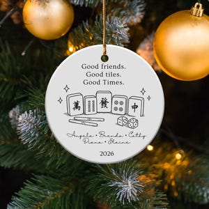 Round ornament with Mahjong tiles, dice, and names: Angela, Brenda, Cathy, Diana, Elaine, 2026.