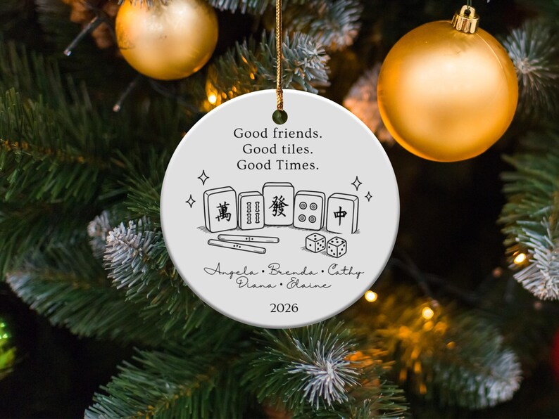 Round ornament with Mahjong tiles, dice, and names: Angela, Brenda, Cathy, Diana, Elaine, 2026.