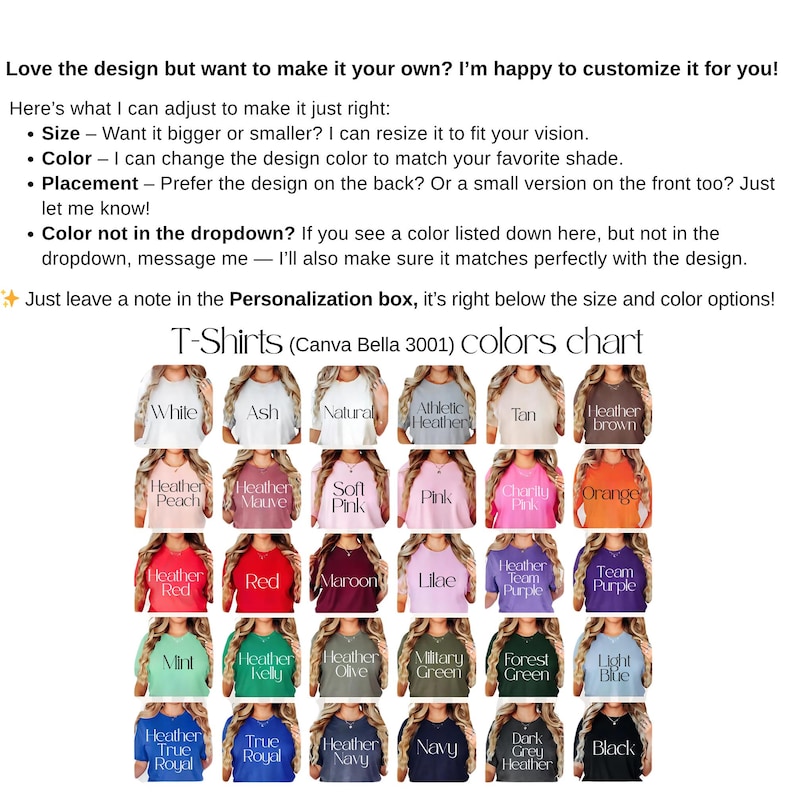 Bella Canvas 3001 T-Shirts Color Chart, Variety of Colors T-Shirt Size Chart, Customizable Options, Clothing Size Guide Chart