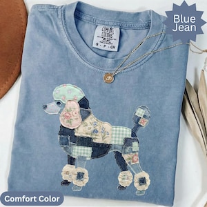 Poodle Dog T-Shirts: Faux Patchwork Denim Fabric, Shabby Chic Floral Gingham Style