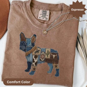 French Bulldog Western faux Patchwork Design T-Shirt | Boho Cowgirl Style Dog Mom Gift | Rustic Denim Aesthetic Top