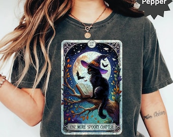 Halloween Cat Reading Book T-Shirt - Spooky Witch Hat, Book Lover Gift