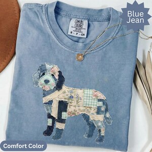 Camisetas: Cachorro em jeans com efeito patchwork, estampa floral xadrez rústica canina