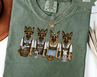 Oktoberfest German Shepherd T-Shirt, Funny Bavarian Dog Lover Tee, Prost Beer Fest Lederhosen Dirndl Shirt, Cute Pet Party Apparel
