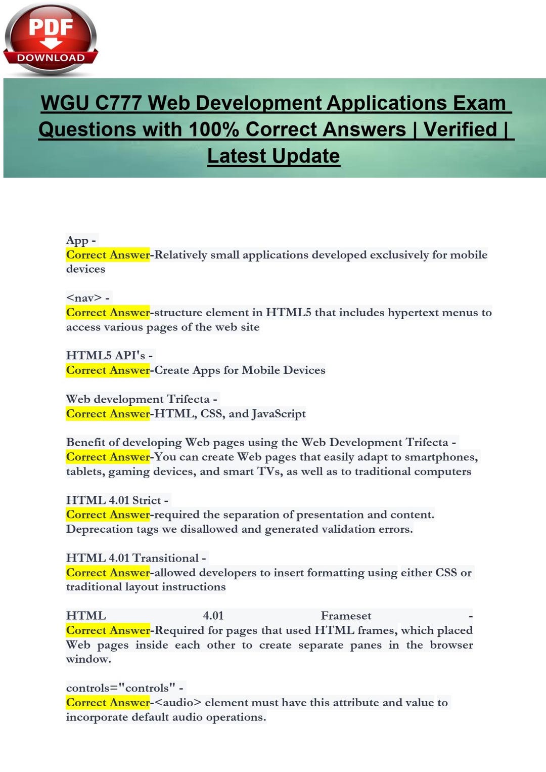 WGU C777 Web Development Applications Exam Questions With 100% Correct WGU C777 Web Development Applications Exam Questions With 100% Correct