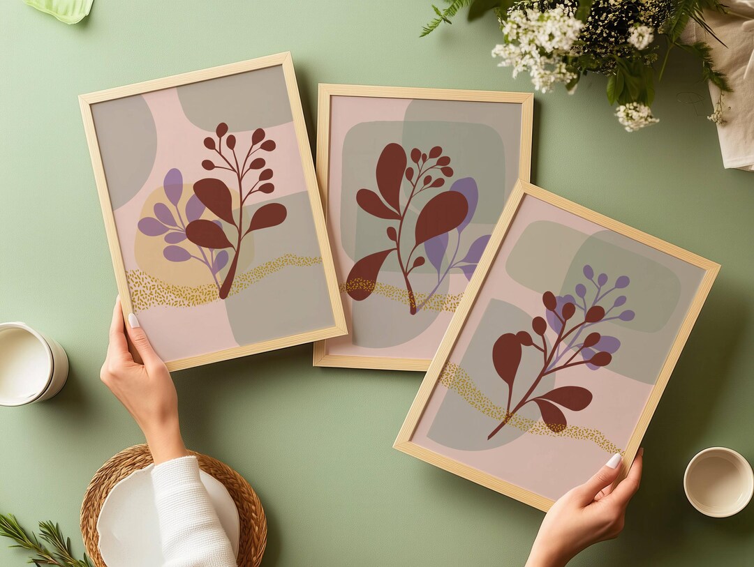 Boho Botanical Wall Art Set of 3 - Abstract Plant Prints - Minimalist ...