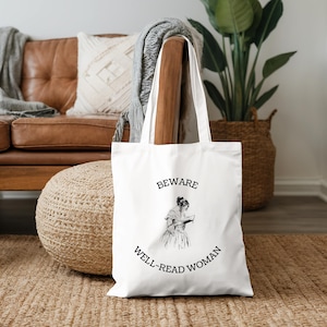 Funny Beware Well-read Woman Large Cotton Tote Bag Book Lover Reader Book Bag