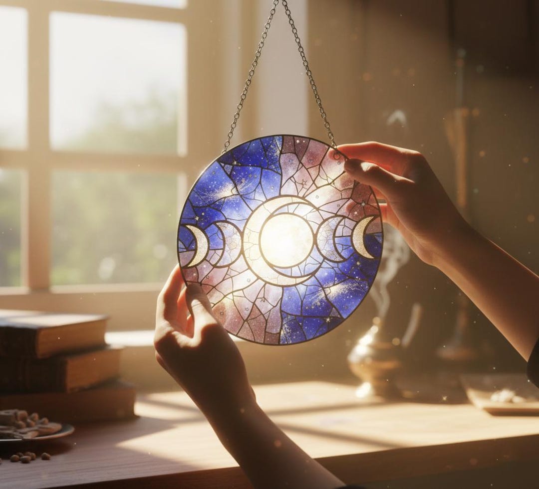 Moon Phases Suncatcher, Stained Glass Style Celestial Window Hanging ...