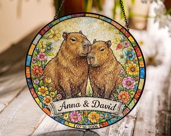 Personalized Capybara Couple Stained Glass Suncatcher Ornament – Custom Names & Wedding Date, Anniversary Gift