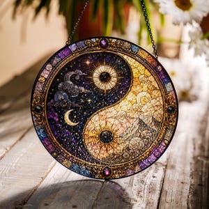 Könnte beinhalten: Ein runder Buntglas-Sonnenfänger mit Yin-Yang-Motiv. Die dunkle Seite zeigt eine Mondsichel, Sterne und wirbelnde Wolken in tiefem Blau und Violett. Die helle Seite zeigt eine Sonne und eine Berglandschaft in Gold- und Gelbtönen.