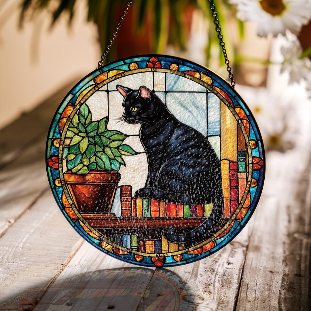 Mystic Black Cat Library Suncatcher – Stained Glass Bookish Window ...