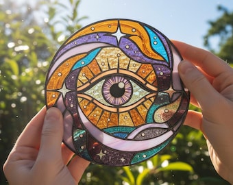 Atrapasueños Celestial de Ojo Maligno - Arte de Vitral - Amuleto de Protección Mística - Decoración de Vidrio Boho - Regalo Espiritual Artesanal