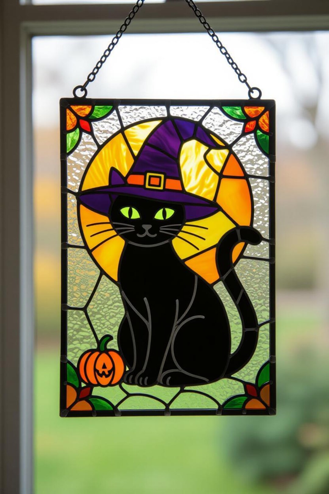 ハロウィン黒猫魔女サンキャッチャー - ステンドグラス風窓飾り、魔女