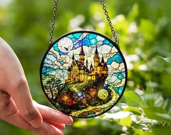 Zauberhaftes Buch & Schloss Suncatcher: Fantasy Glasmalerei-Fensterbild
