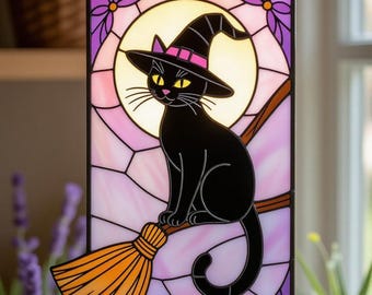 Gato Preto Apanhador de Sol, Decoração de Janela em Acrílico Estilo Vitral, Enfeite de Parede com Tema de Bruxaria
