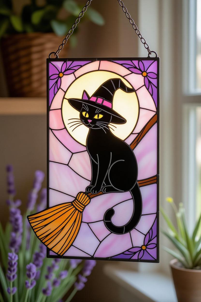 ハロウィン黒猫魔女サンキャッチャー - ステンドグラス風窓飾り、魔女