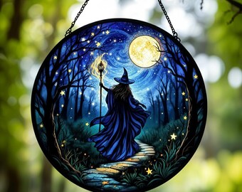 Starry Night Witch Suncatcher – Stained Glass Window Hanging, Celestial Witchy Home Decor, Magical Halloween Gift